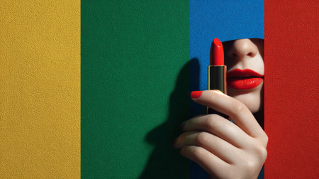 Bright red lipstick held between colorful background panels showcasing a creative and artistic beauty conceptの素材