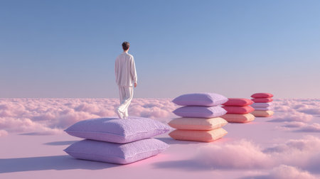 Person walking on colorful pillows above fluffy clouds in a dreamlike sky during sunsetの素材