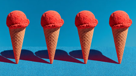 Four bright red ice cream cones sit on a vibrant blue surface under clear daylightの素材