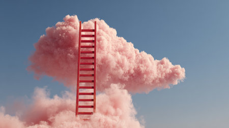 Vibrant pink clouds and a floating red ladder create a dreamy scene against a bright blue sky, inviting imagination and wonderの素材