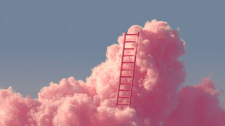 Climbing a pink ladder into fluffy clouds on a bright sky dayの素材