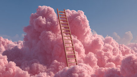 Dreamy pink clouds surround a wooden ladder reaching toward a bright sky during a serene sunsetの素材