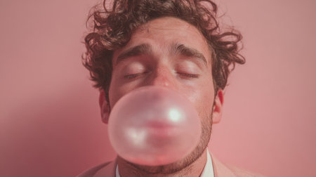 Man blowing a large bubble gum bubble against a pink backdrop with closed eyes, showcasing playful expression and casual styleの素材