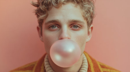 Young person blowing pink bubble gum against a pastel background showing a playful expression in a casual settingの素材
