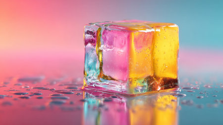 Colorful ice cube on reflective surface with vibrant background lights during a creative photo sessionの素材