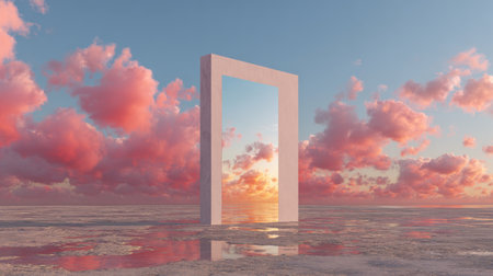 Beautiful sunset through an abstract doorway in a serene landscape with colorful cloudsの素材
