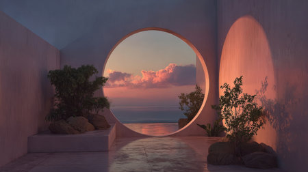 Serene sunset view through a circular window in a minimalist coastal setting with lush greenery and soft colorsの素材