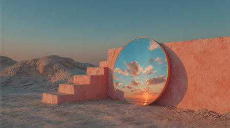 Reflective mirror displaying a vibrant sunset sky against a desert landscape with soft texturesの素材