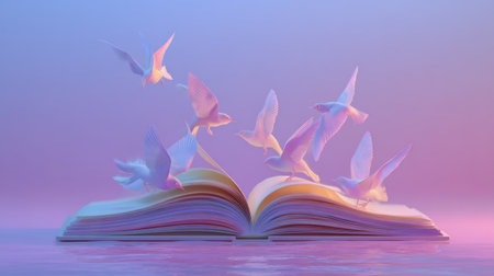 Book pages open with colorful birds flying in a serene pastel background at twilight, symbolizing freedom and imaginationの素材