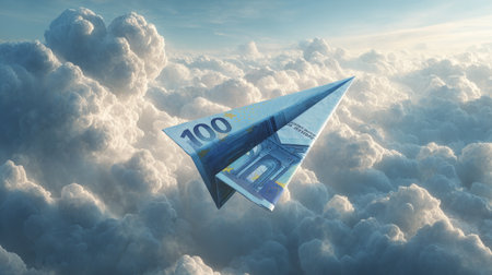 Flying paper plane made from a 100 euro banknote soaring through fluffy clouds at sunsetの素材