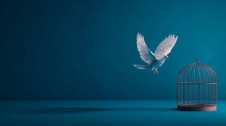 Bird flies away from a cage in a serene setting with a blue backgroundの素材