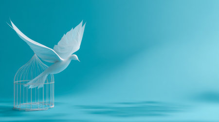 White bird flies freely from an empty cage against a blue background, symbolizing liberation and hopeの素材