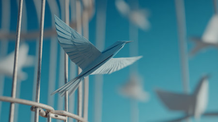 Colorful paper birds fly freely from a delicate cage against a bright blue skyの素材