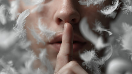 Whisper of feathers envelops a person creating a serene and tranquil atmosphere in a quiet settingの素材