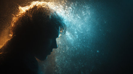 Silhouette of a person surrounded by colorful mist in a dramatic light setting at nightの素材