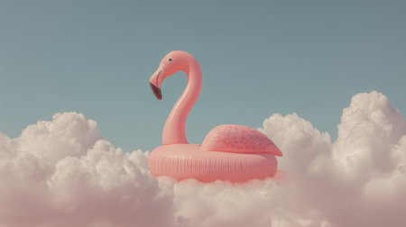 Pink flamingo float surrounded by fluffy clouds in a clear blue sky during a sunny dayの素材