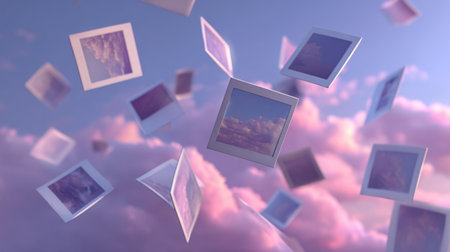 Floating memories captured in colorful frames above soft clouds at sunsetの素材