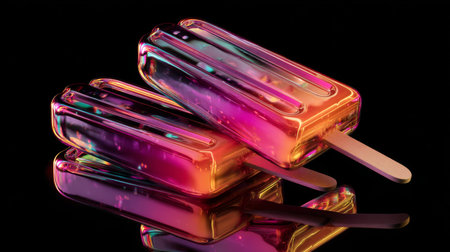 Colorful popsicles sit on a reflective surface creating a vibrant and fun atmosphere in a summertime settingの素材