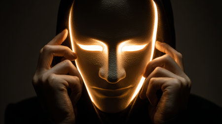 Mysterious figure with glowing mask explores identity and technology in dimly lit settingの素材