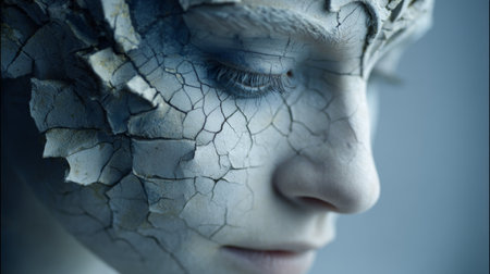 Cracked surface and icy features create an ethereal look in a close-up portrait shotの素材