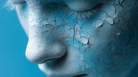 Artistic representation of a face with cracked blue paint highlighting emotional depth and artistic expressionの素材