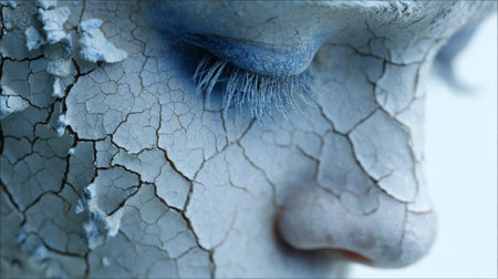 Captivating close-up of a cracked porcelain face with delicate features and an intriguing texture in soft lightingの素材