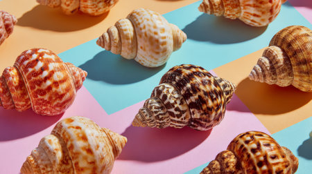 Colorful seashells arranged on a vibrant background catching sunlight in a creative displayの素材