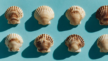 Natural scallop shells arranged in a neat pattern on a bright blue background, showcasing their unique textures and colorsの素材