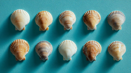 Shells arranged in a neat line on a blue surface showcasing different colors and patternsの素材