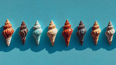 Colorful seashells lined up against a bright blue background showcase natures beauty and diversityの素材