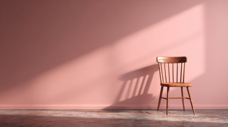 Wooden chair casts shadow on pink wall in minimalist indoor space during afternoon lightの素材
