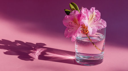 Pink rhododendron flower in a clear glass with water on a pink background casting a soft shadowの素材