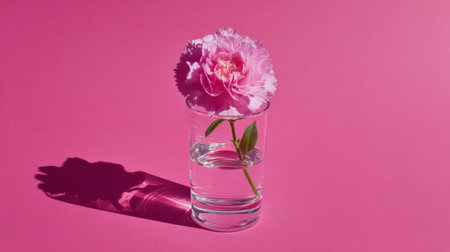 Pink flower in clear glass with water against a vibrant pink background showcasing elegance and simplicityの素材