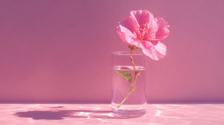 Delicate pink flower in a glass vase against a soft pink background with gentle reflectionsの素材
