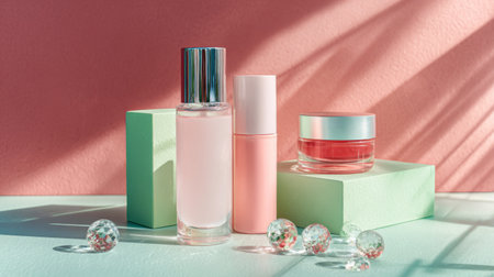 Beauty products arranged on colorful blocks with soft sunlight illuminating the scene in a modern settingの素材