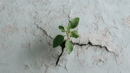 Green plant emerging from cracks in dry ground showing resilience in harsh conditionsの素材