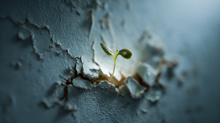 Small green sprout emerges from cracked, peeling wall in early morning lightの素材