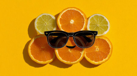 Fun display of citrus fruits arranged with cool sunglasses on a vibrant yellow backgroundの素材