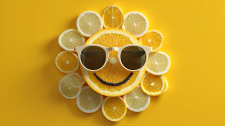 Creative fruit art display resembling a smiling sun with sunglasses against a bright yellow backgroundの素材