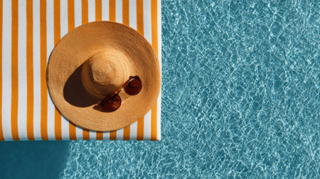 Relaxing summer day by the pool with a straw hat and sunglasses on a striped towelの素材