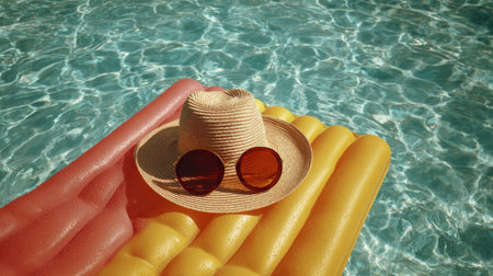 Relaxing summer scene at a pool with a straw hat and sunglasses on a colorful floatの素材