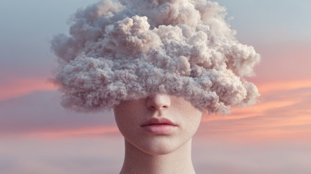 Clouds engulfing a calm figure create an ethereal landscape at twilight highlighting imagination and serene beautyの素材