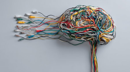 Colorful tangled wires shaped like a brain symbolize technology and connectivity in modern lifeの素材