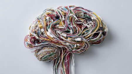 Wires twisted together in the shape of a brain illustrating interconnected technology and human thought processesの素材