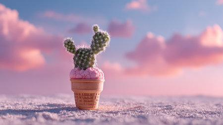 Cactus in a pink ice cream cone against a sunset sky with fluffy cloudsの素材