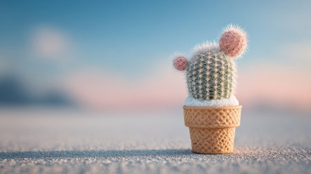 Cute cactus in an ice cream cone pot at sunset with a colorful sky and soft clouds in the backgroundの素材