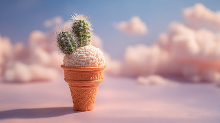 Cactus in an ice cream cone sitting on a pastel background with soft cloudsの素材