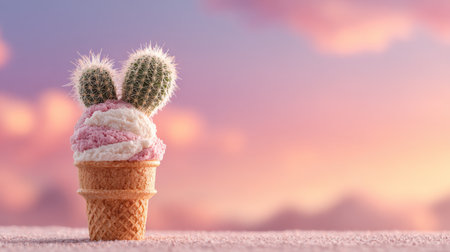 Creative cactus ice cream dessert with bunny ears against a colorful sunset backgroundの素材