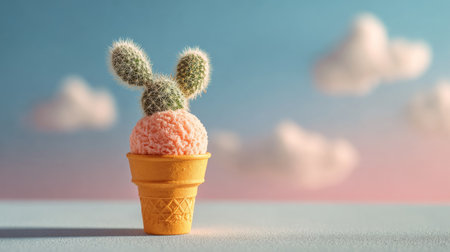 Colorful cactus ice cream sundae sits in a whimsical setting with soft clouds in the backgroundの素材
