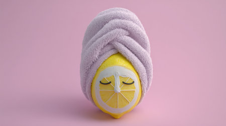 Creative lemon with a towel and facial mask against a colorful backgroundの素材